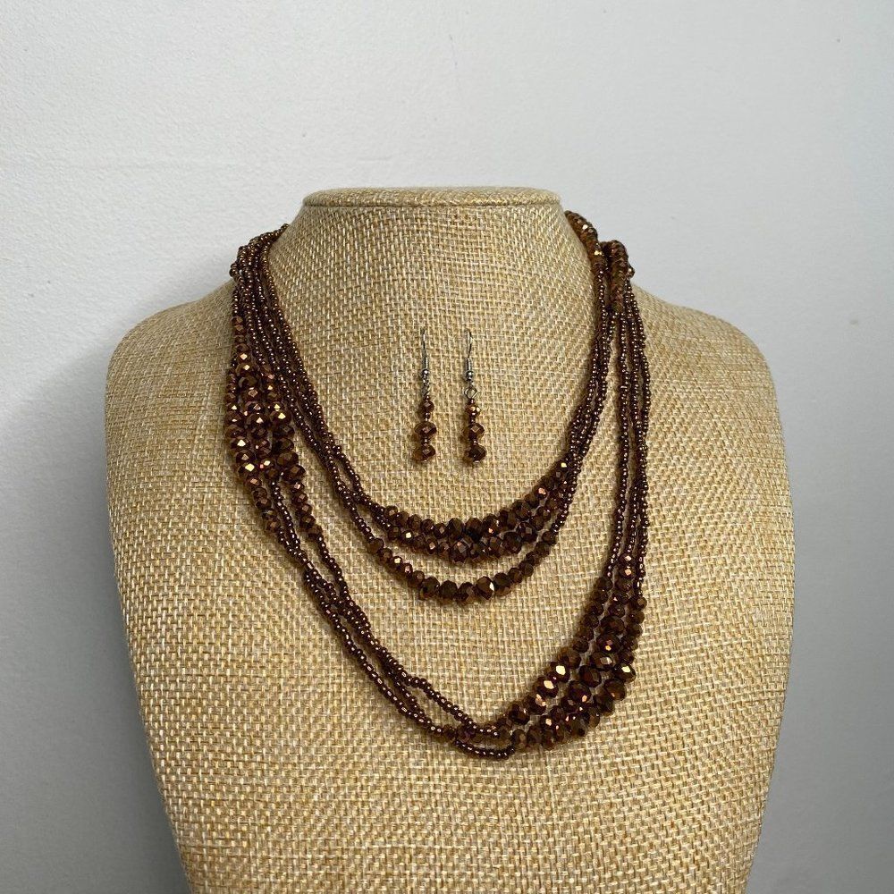 Brown Multilayer Beaded Necklace & Dangle Earring Set